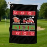 Christmas Fire Engine Fire Truck Fighter Ugly Xmas Gift Golf Towel thumb 1