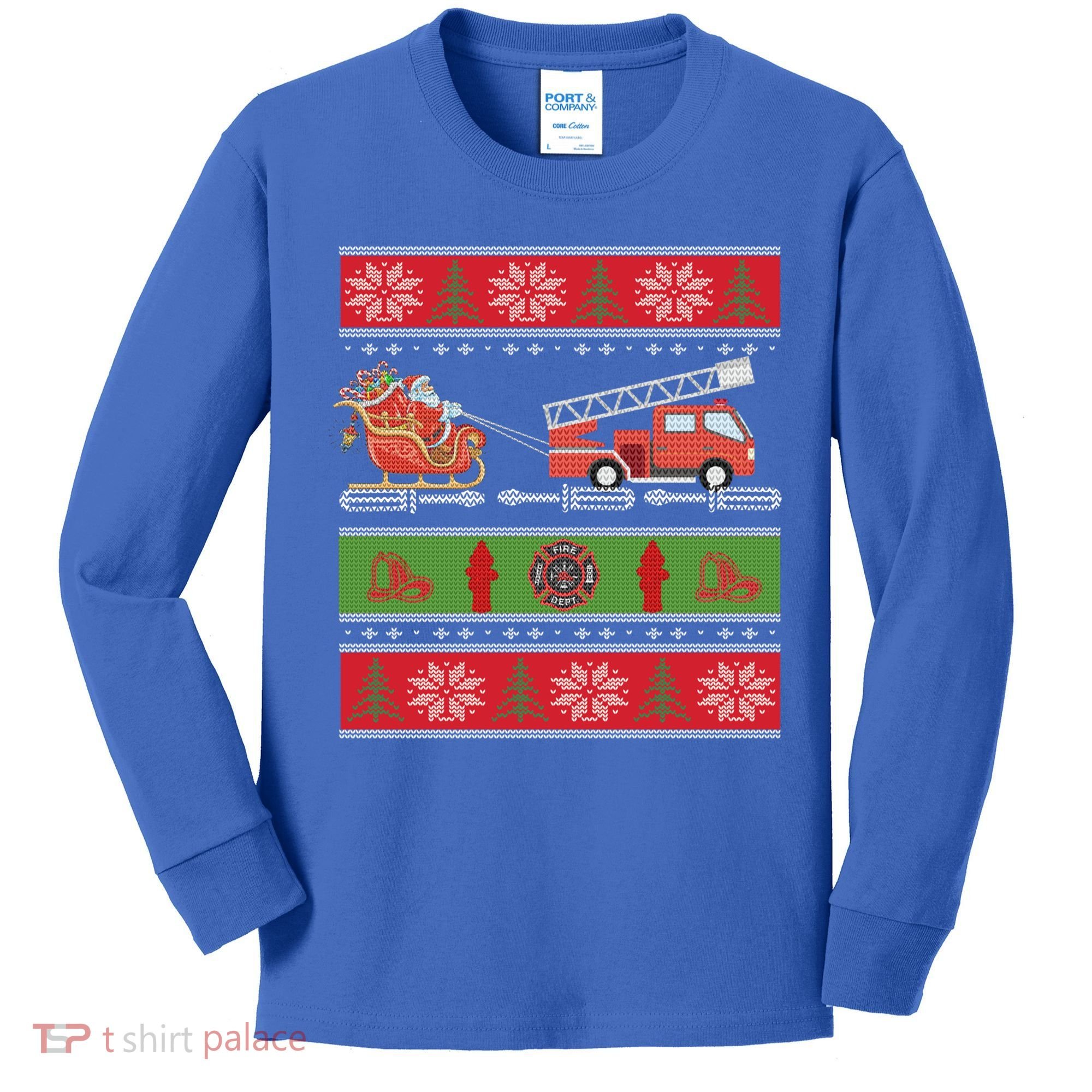 Christmas Fire Engine Fire Truck Fighter Ugly Xmas Gift Kids Long Sleeve Shirt