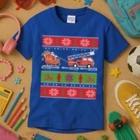 Christmas Fire Engine Fire Truck Fighter Ugly Xmas Gift Kids T-Shirt thumb 3