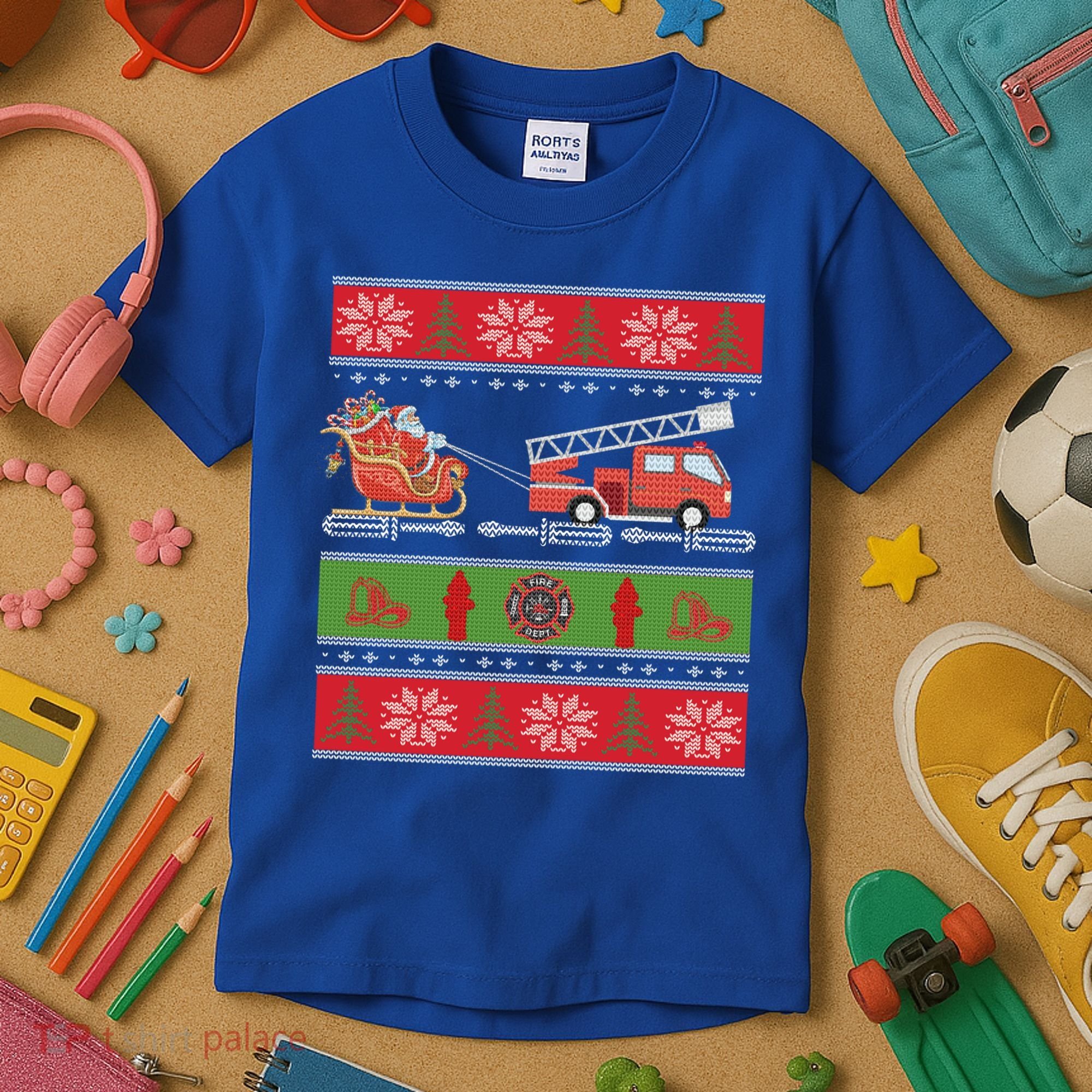 Christmas Fire Engine Fire Truck Fighter Ugly Xmas Gift Kids T-Shirt