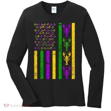 Crawfish FleurDeLis Flag Mardi Gras vintage retro Women's Long Sleeve Shirt
