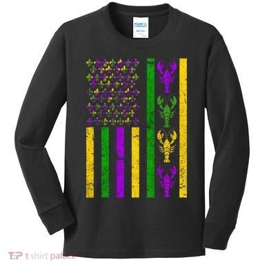 Crawfish FleurDeLis Flag Mardi Gras vintage retro Kids Long Sleeve Shirt
