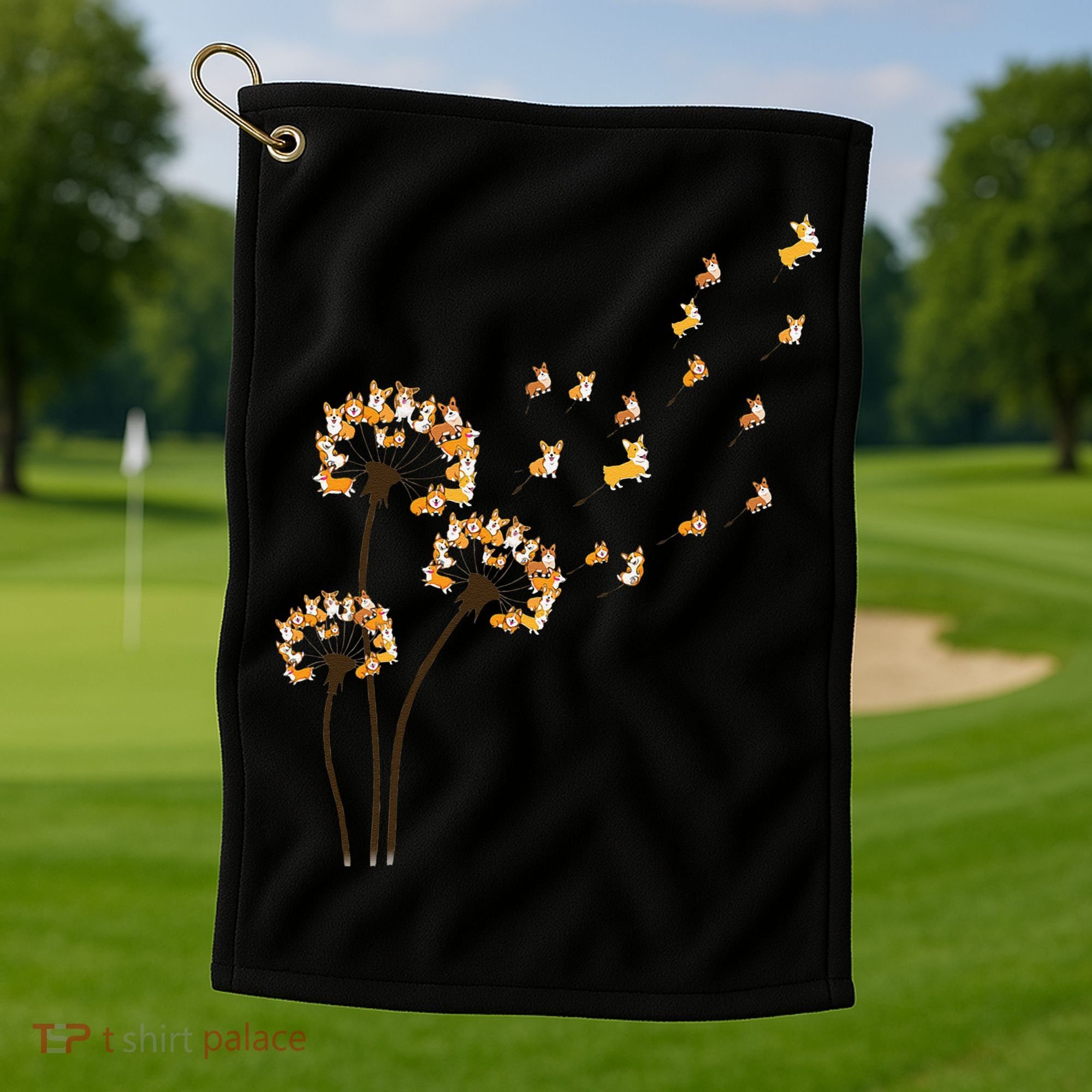 Corgi Flower Fly Dandelion Funny Dog Lover For Mom Golf Towel