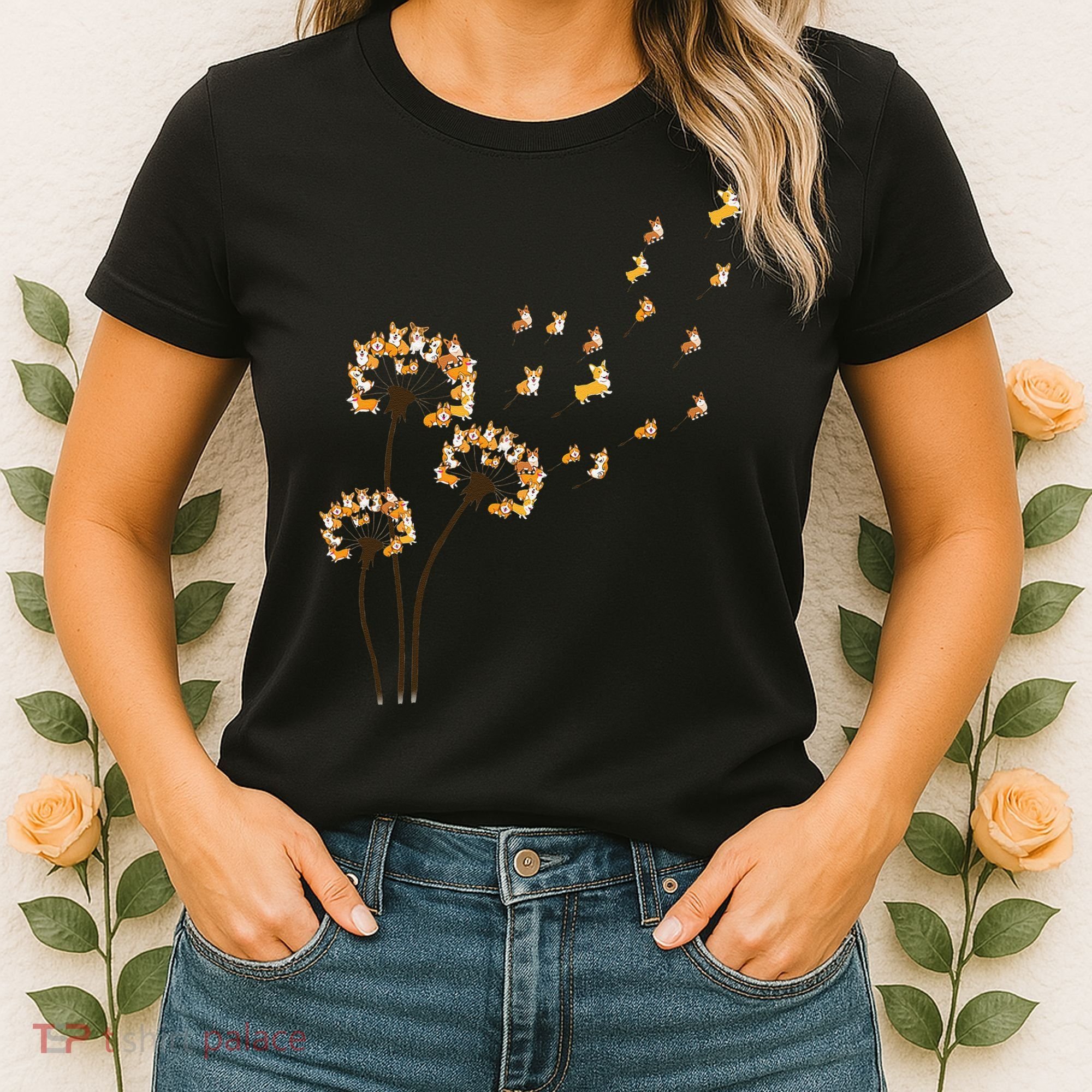 Corgi Flower Fly Dandelion Funny Dog Lover For Mom Women's T-Shirt