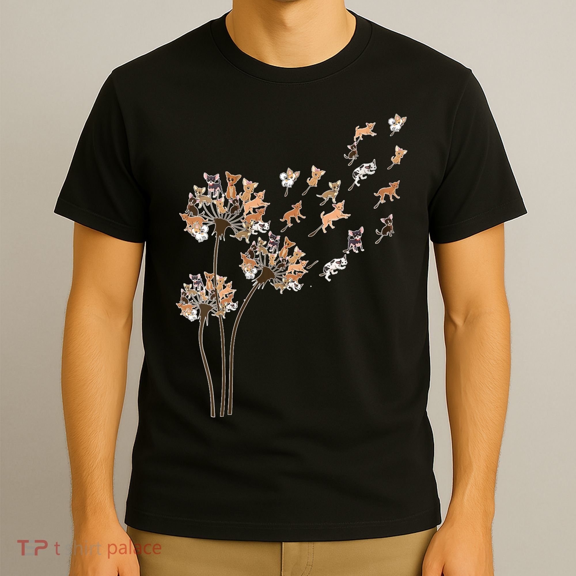 Chihuahua Flower Fly Dandelion Chihuahua Funny Dog Lover V Neck T-Shirt