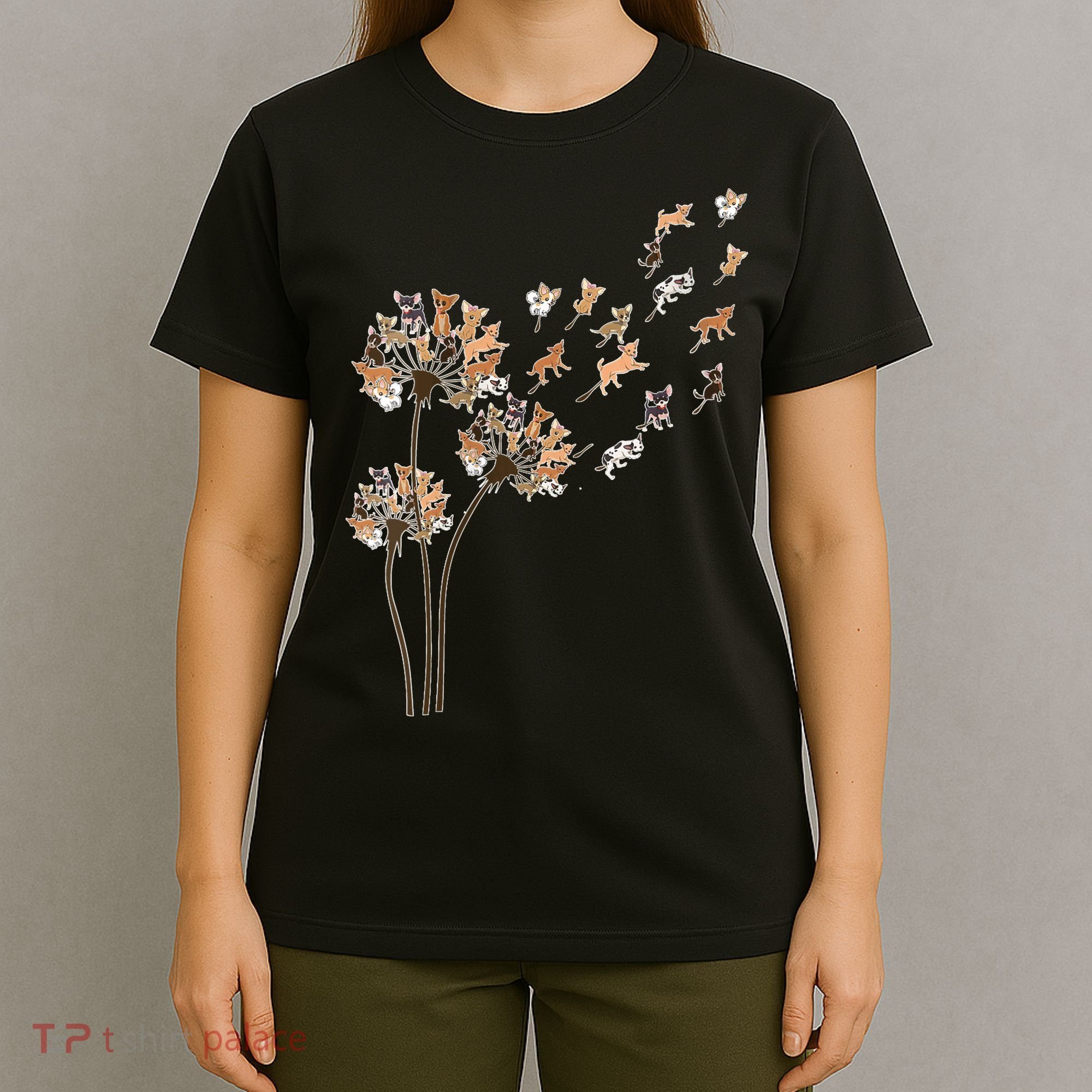 Chihuahua Flower Fly Dandelion Chihuahua Funny Dog Lover V Neck T-Shirt