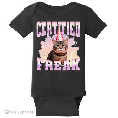 Certified Freak Funny Cat Joke Meme Cement Cursed Cat Baby Bodysuit