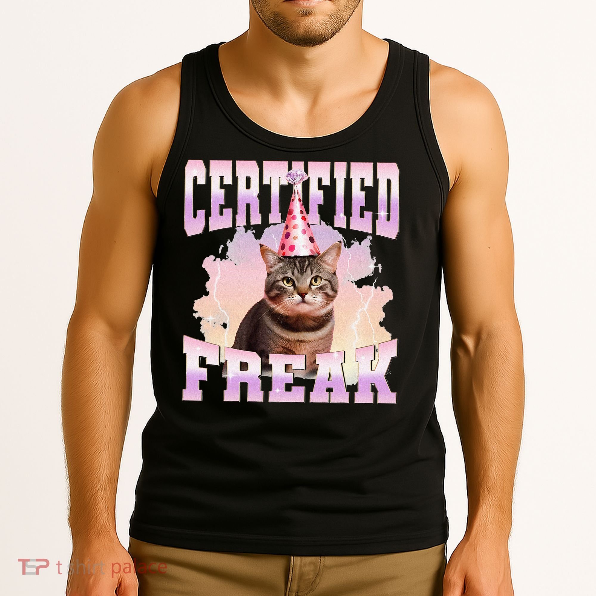 Certified Freak Funny Cat Joke Meme Cement Cursed Cat Tank Top
