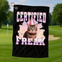 Certified Freak Funny Cat Joke Meme Cement Cursed Cat Golf Towel thumb 1