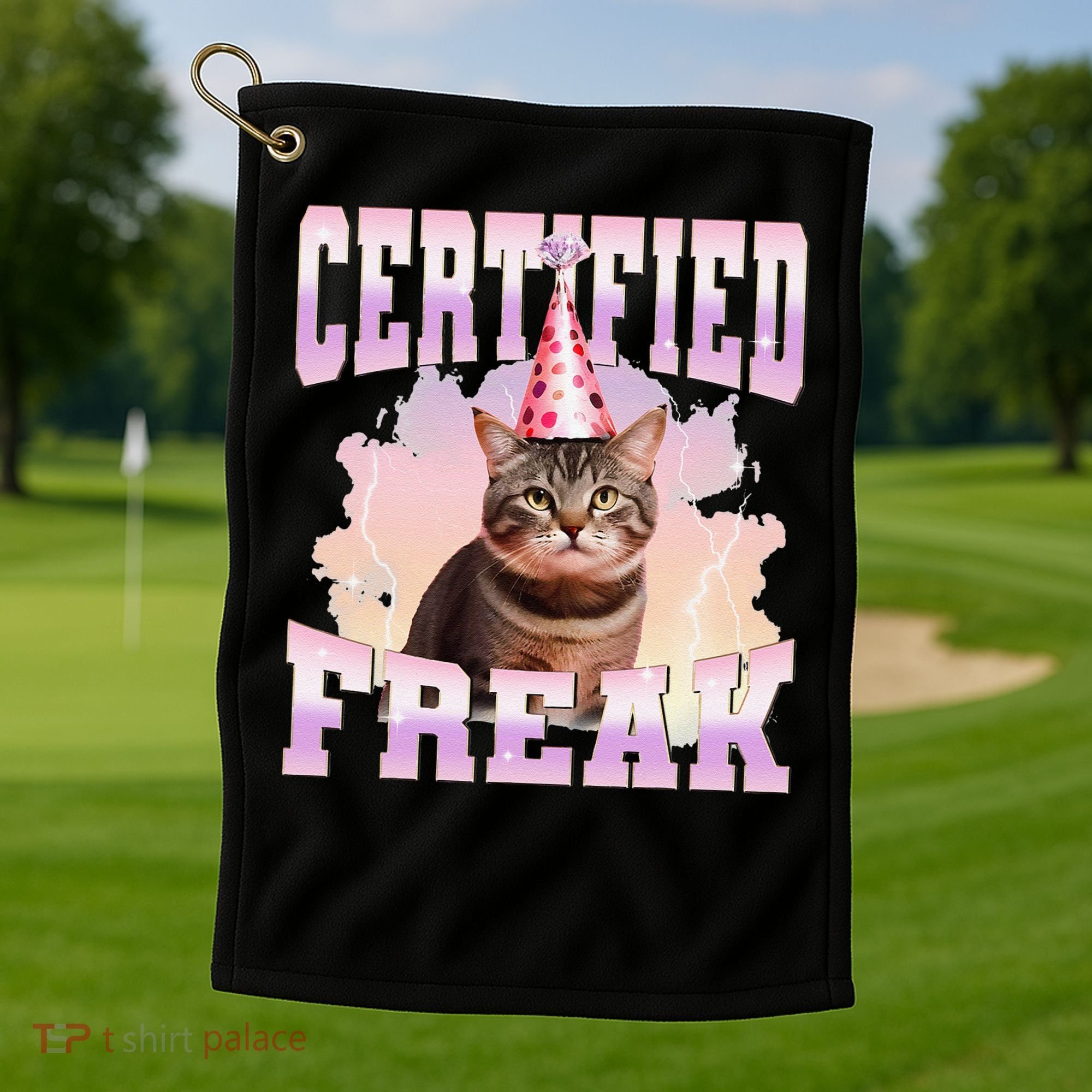 Certified Freak Funny Cat Joke Meme Cement Cursed Cat Golf Towel