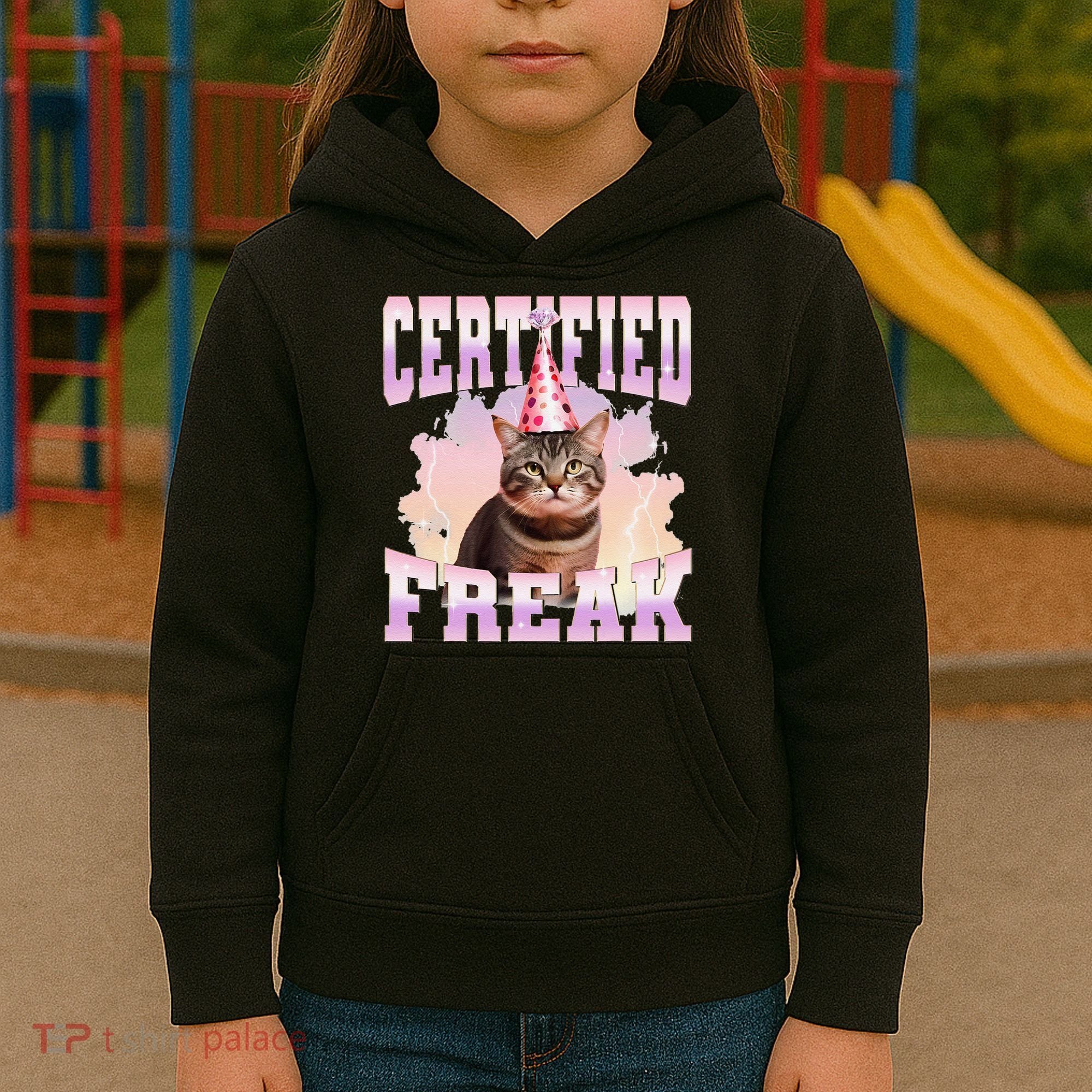 Certified Freak Funny Cat Joke Meme Cement Cursed Cat Kids Hoodie