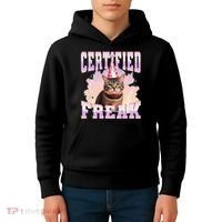 Certified Freak Funny Cat Joke Meme Cement Cursed Cat Kids Hoodie thumb 4
