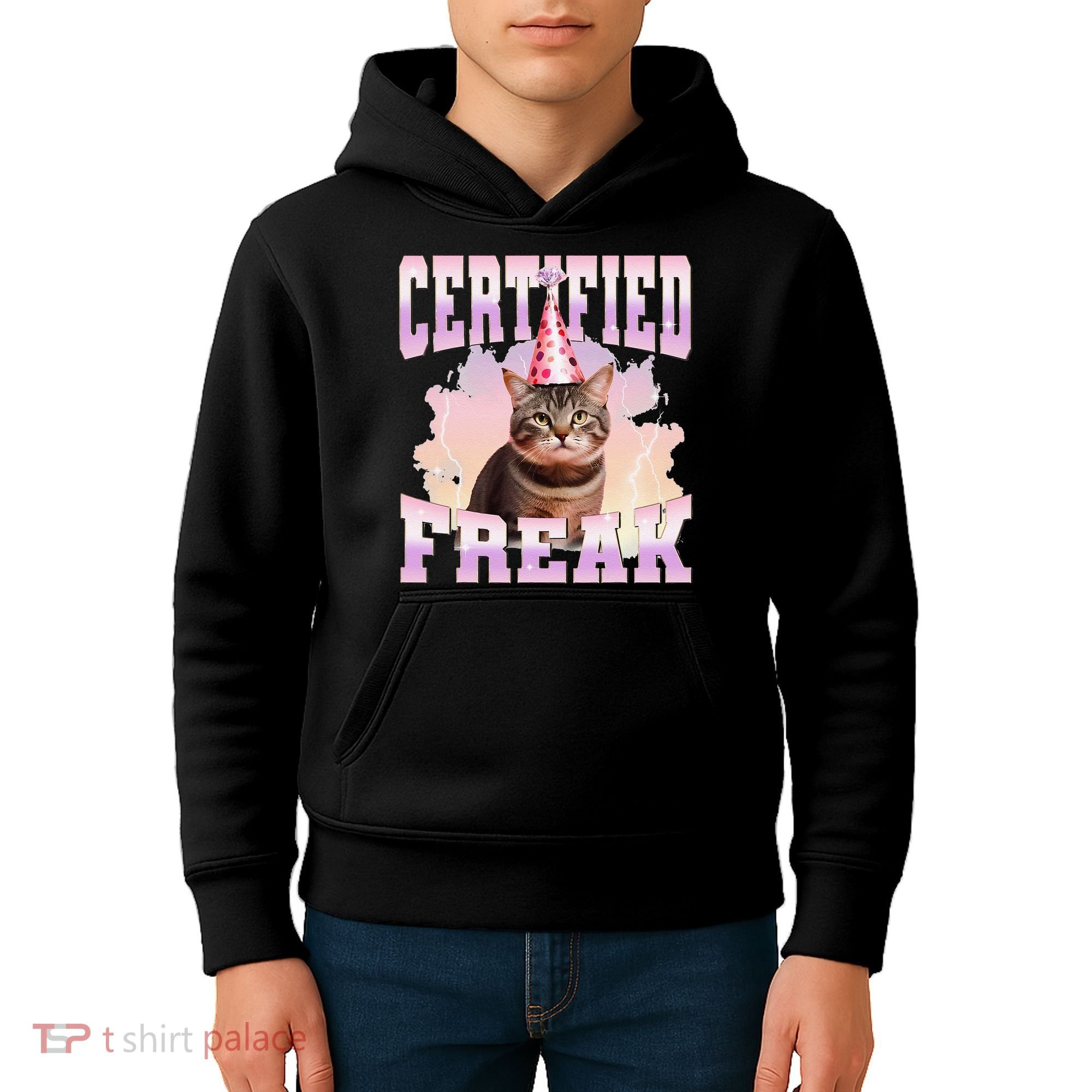 Certified Freak Funny Cat Joke Meme Cement Cursed Cat Kids Hoodie