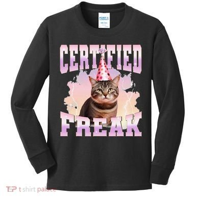 Certified Freak Funny Cat Joke Meme Cement Cursed Cat Kids Long Sleeve Shirt