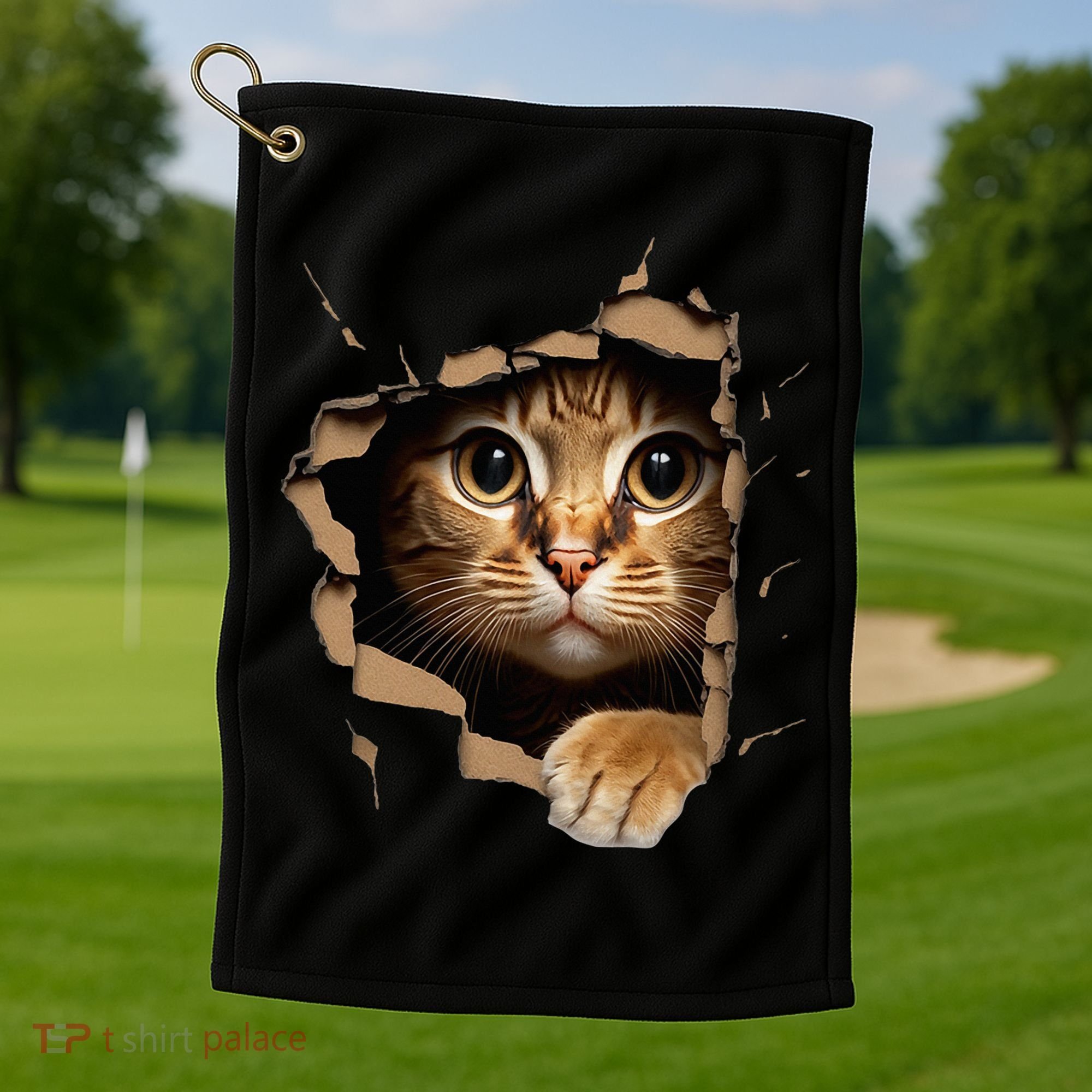 Cute kitten looks from torn fabric - Cats  Golf Towel