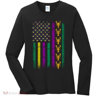 Crawfish Fleur-De-Lis Flag Mardi Gras  Women's Long Sleeve Shirt