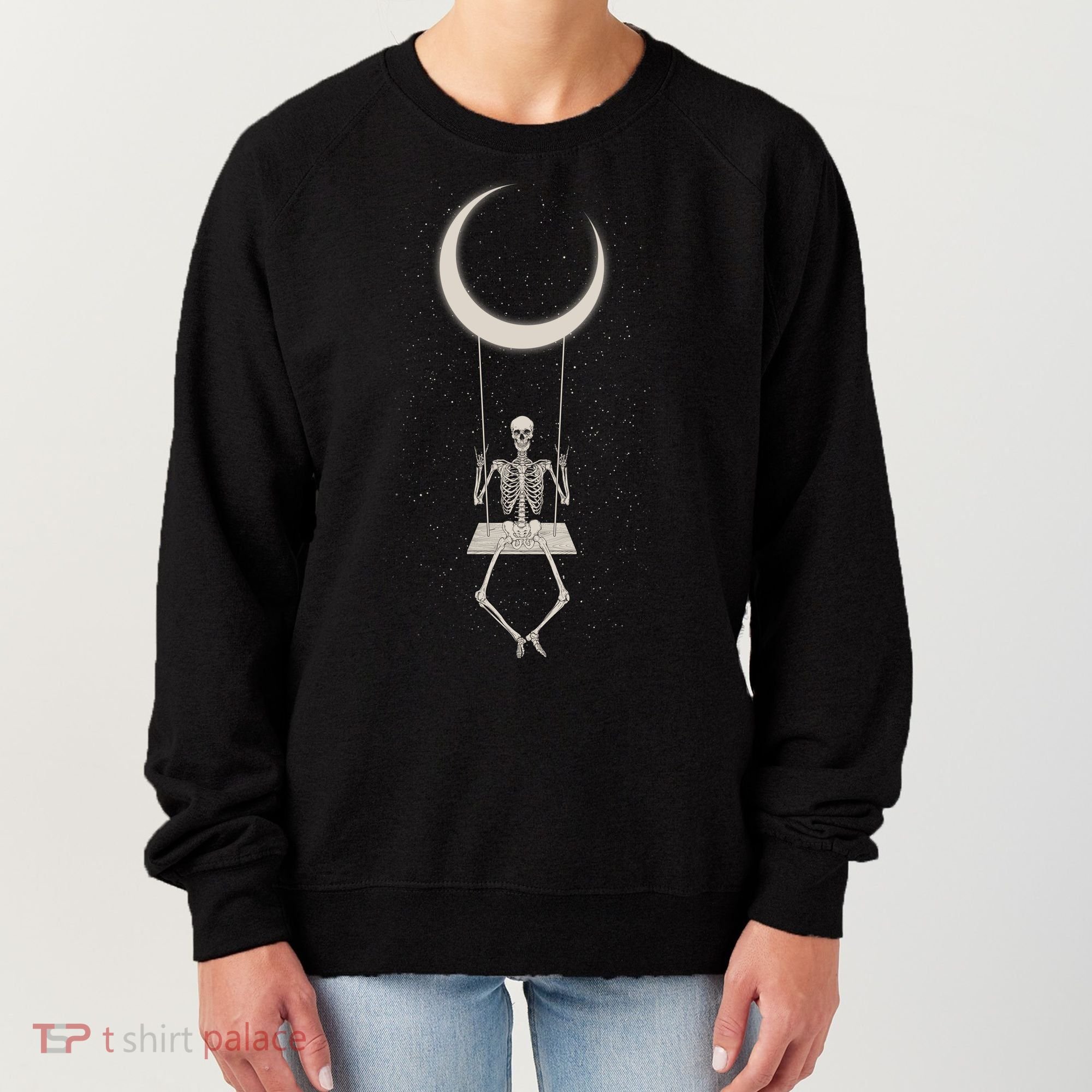 Cool Funny Halloween Skeleton On A Moon Swing Women's Sweatshirt