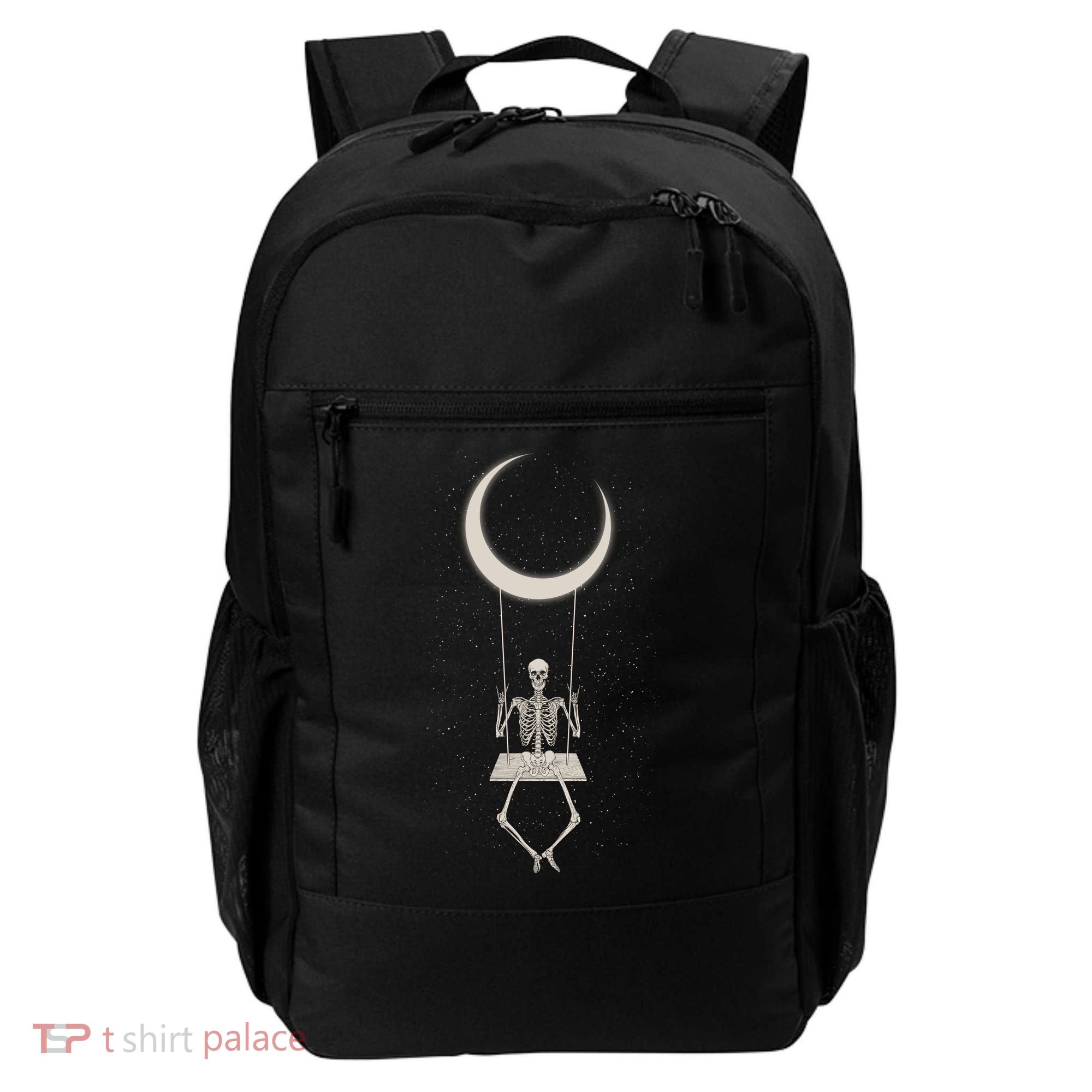 Cool Funny Halloween Skeleton On A Moon Swing Backpack