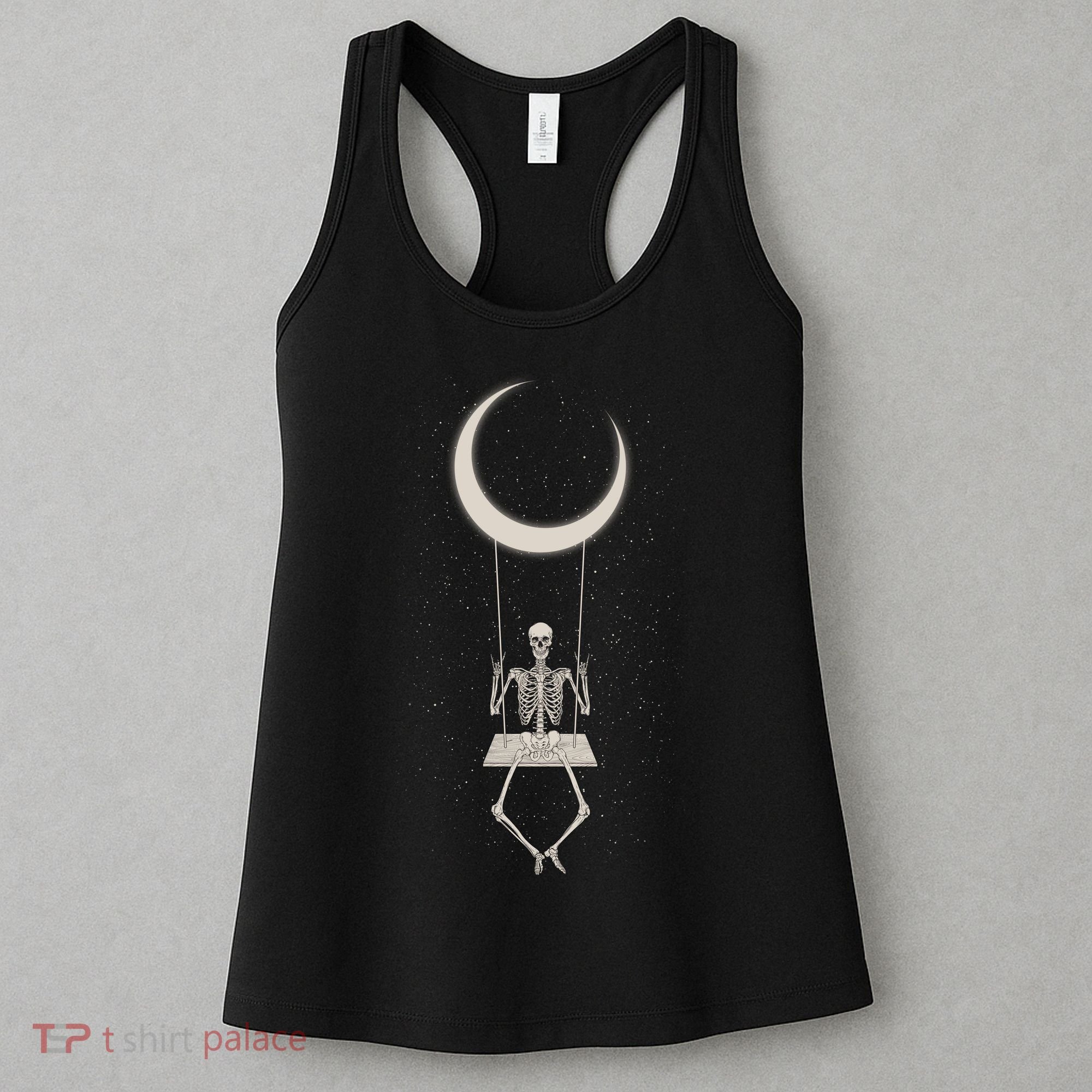 Cool Funny Halloween Skeleton On A Moon Swing Women's Tank Top