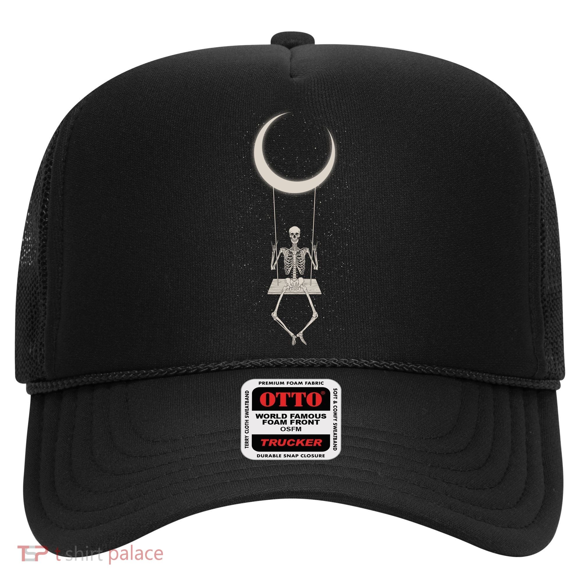 Cool Funny Halloween Skeleton On A Moon Swing Hat