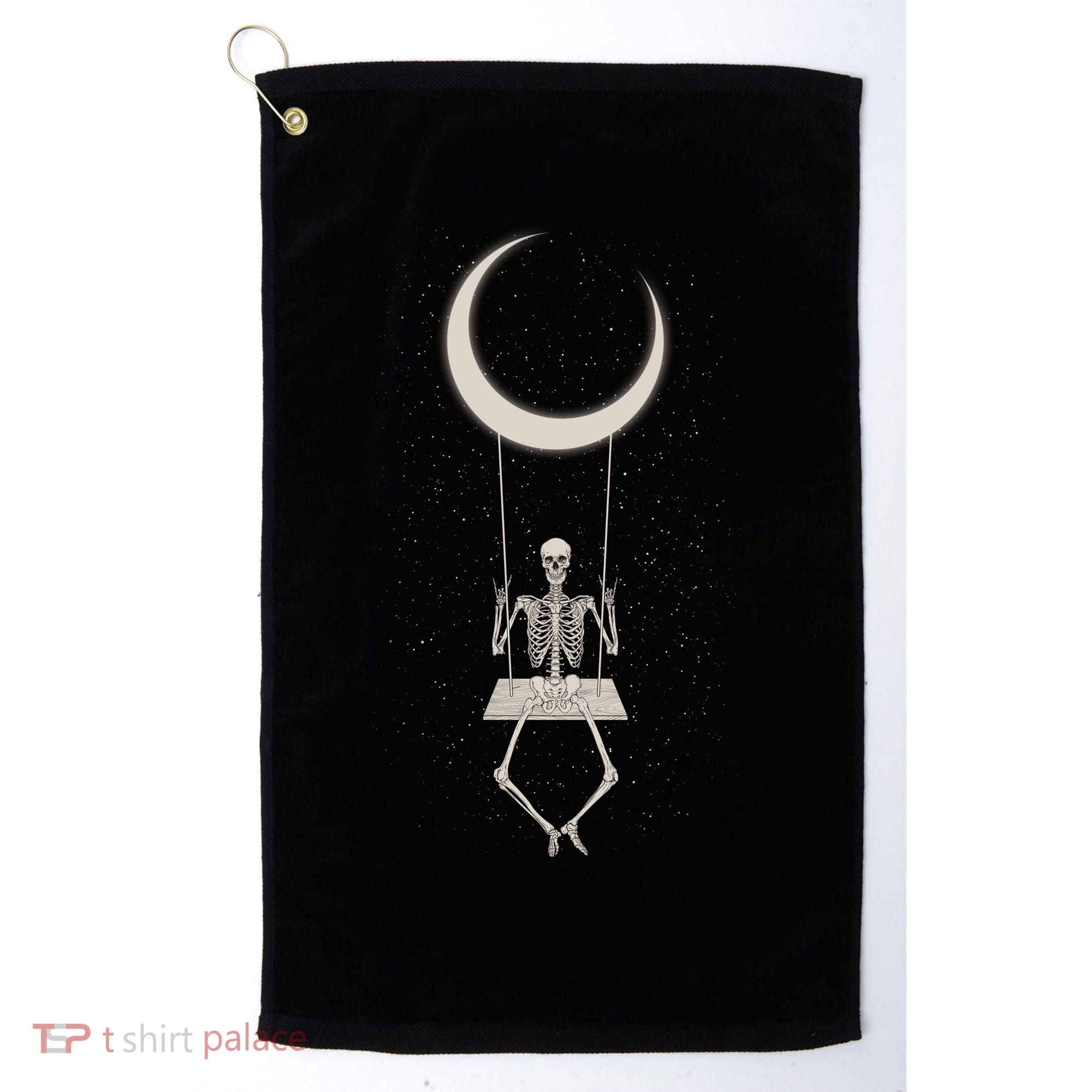 Cool Funny Halloween Skeleton On A Moon Swing Golf Towel