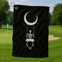 Cool Funny Halloween Skeleton On A Moon Swing Golf Towel thumb 1