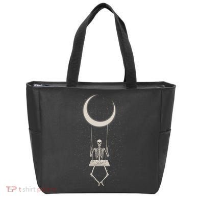 Cool Funny Halloween Skeleton On A Moon Swing Tote Bag