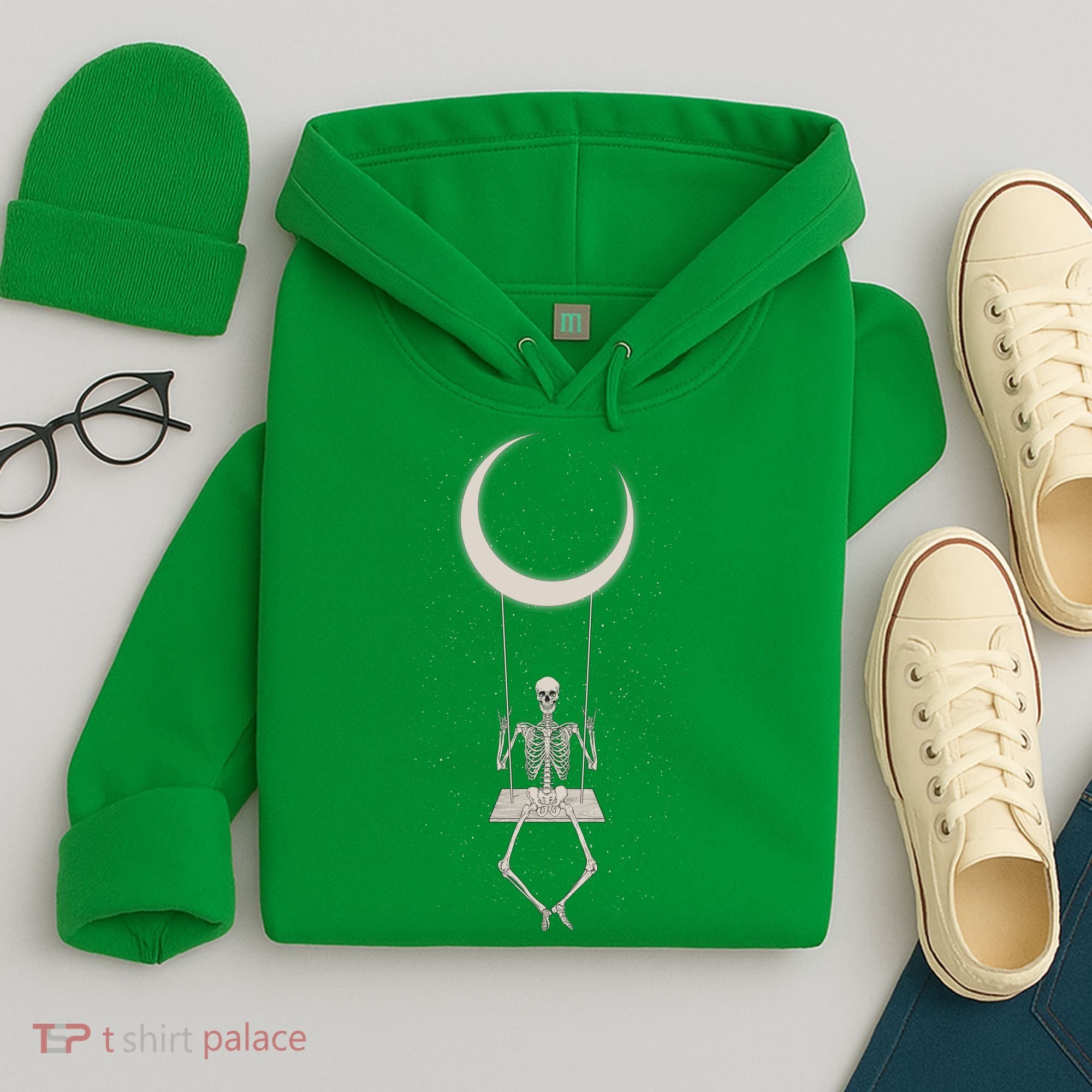 Cool Funny Halloween Skeleton On A Moon Swing Hoodie