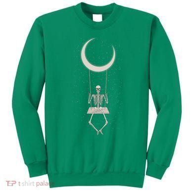 Cool Funny Halloween Skeleton On A Moon Swing Sweatshirt