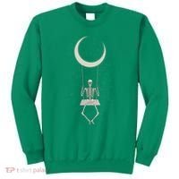 Cool Funny Halloween Skeleton On A Moon Swing Sweatshirt thumb 0