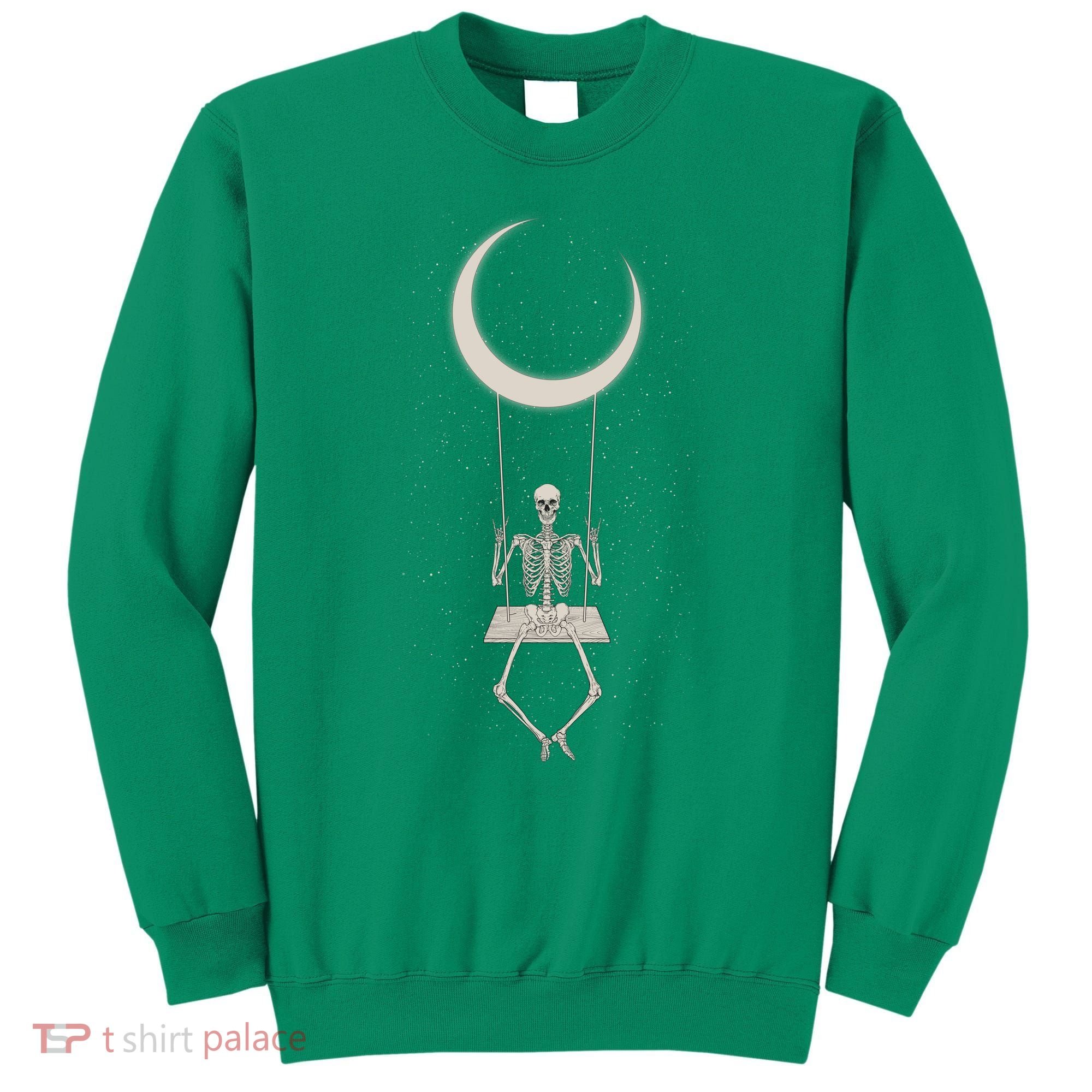 Cool Funny Halloween Skeleton On A Moon Swing Sweatshirt