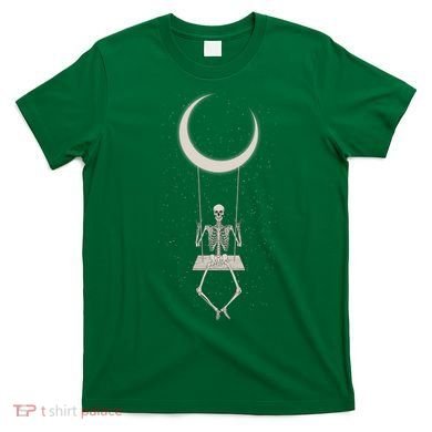 Cool Funny Halloween Skeleton On A Moon Swing T-Shirt
