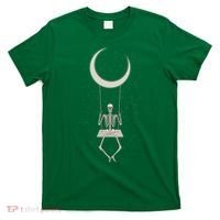 Cool Funny Halloween Skeleton On A Moon Swing T-Shirt thumb 0