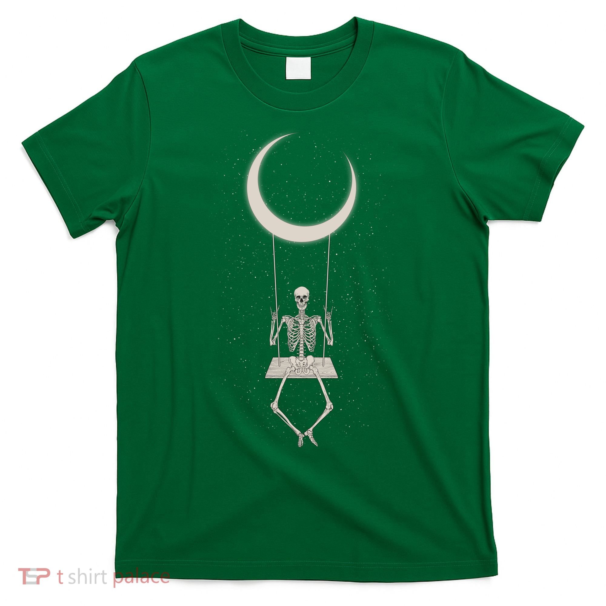 Cool Funny Halloween Skeleton On A Moon Swing T-Shirt