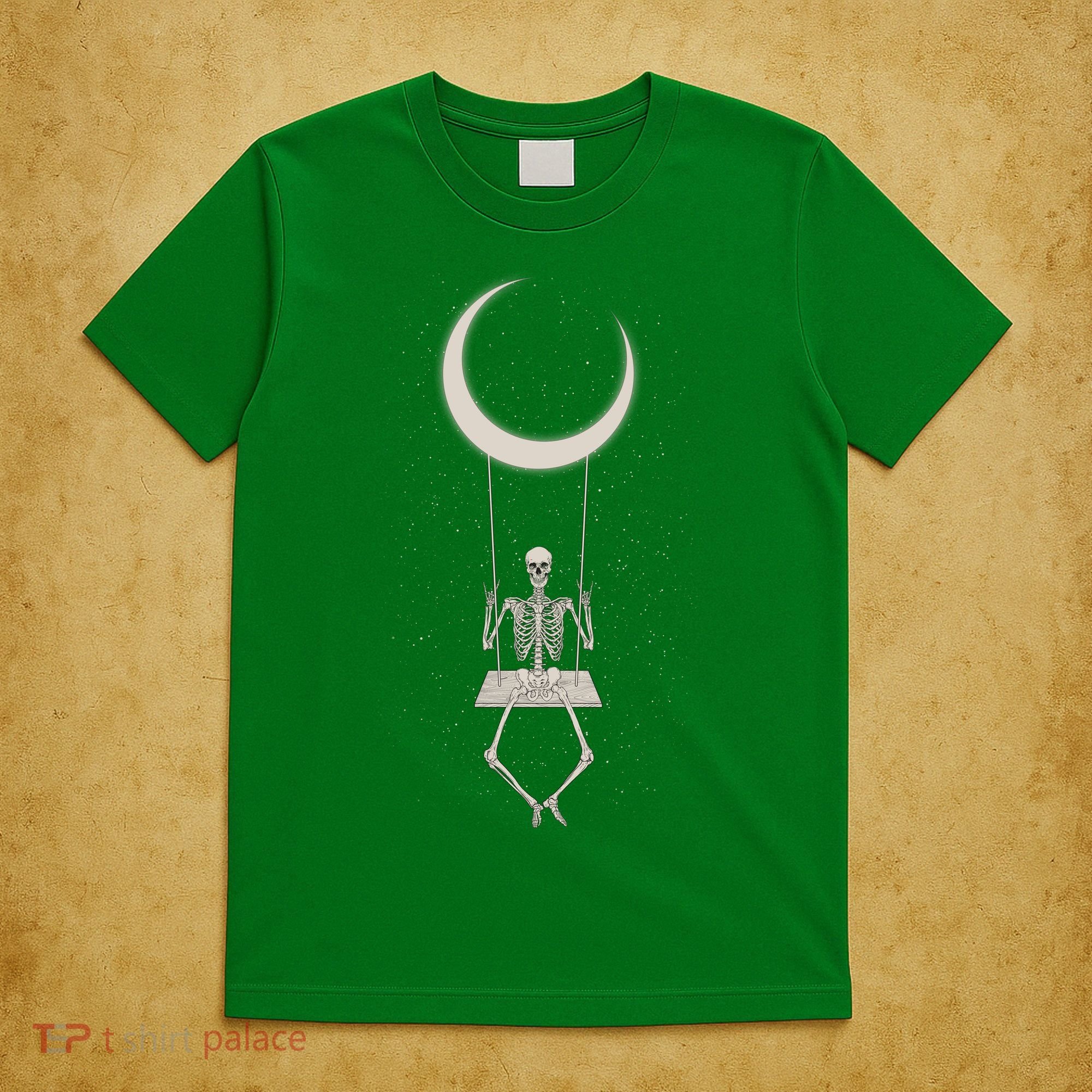 Cool Funny Halloween Skeleton On A Moon Swing T-Shirt
