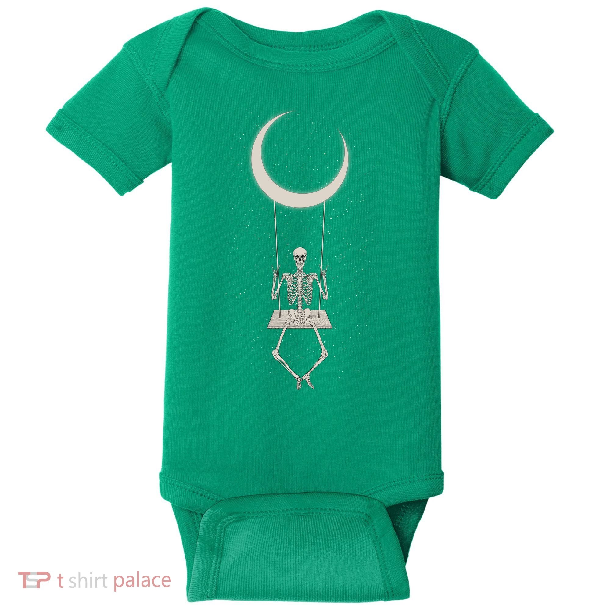 Cool Funny Halloween Skeleton On A Moon Swing Baby Bodysuit