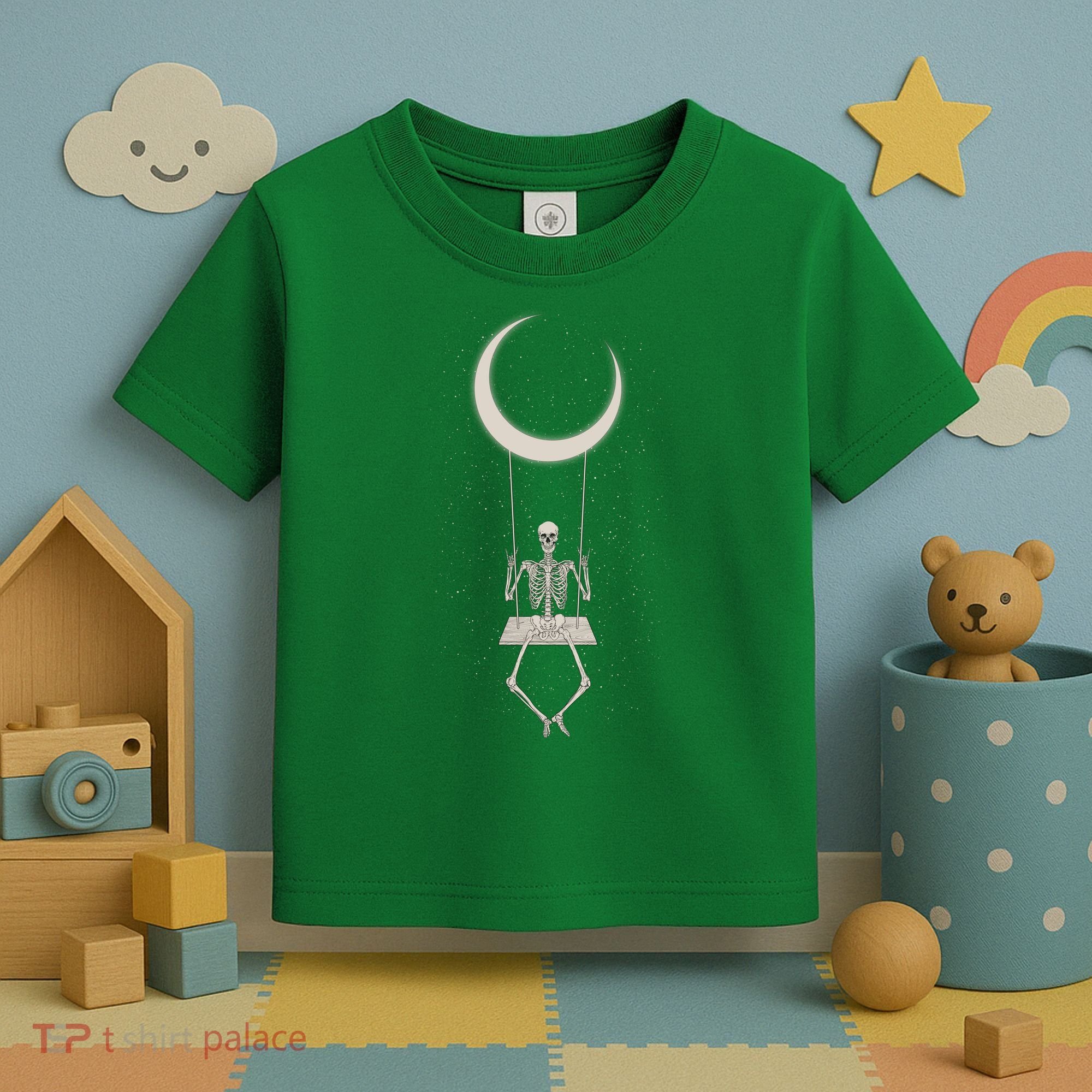 Cool Funny Halloween Skeleton On A Moon Swing Toddler T-Shirt