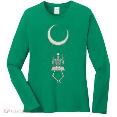 Cool Funny Halloween Skeleton On A Moon Swing Women's Long Sleeve Shirt