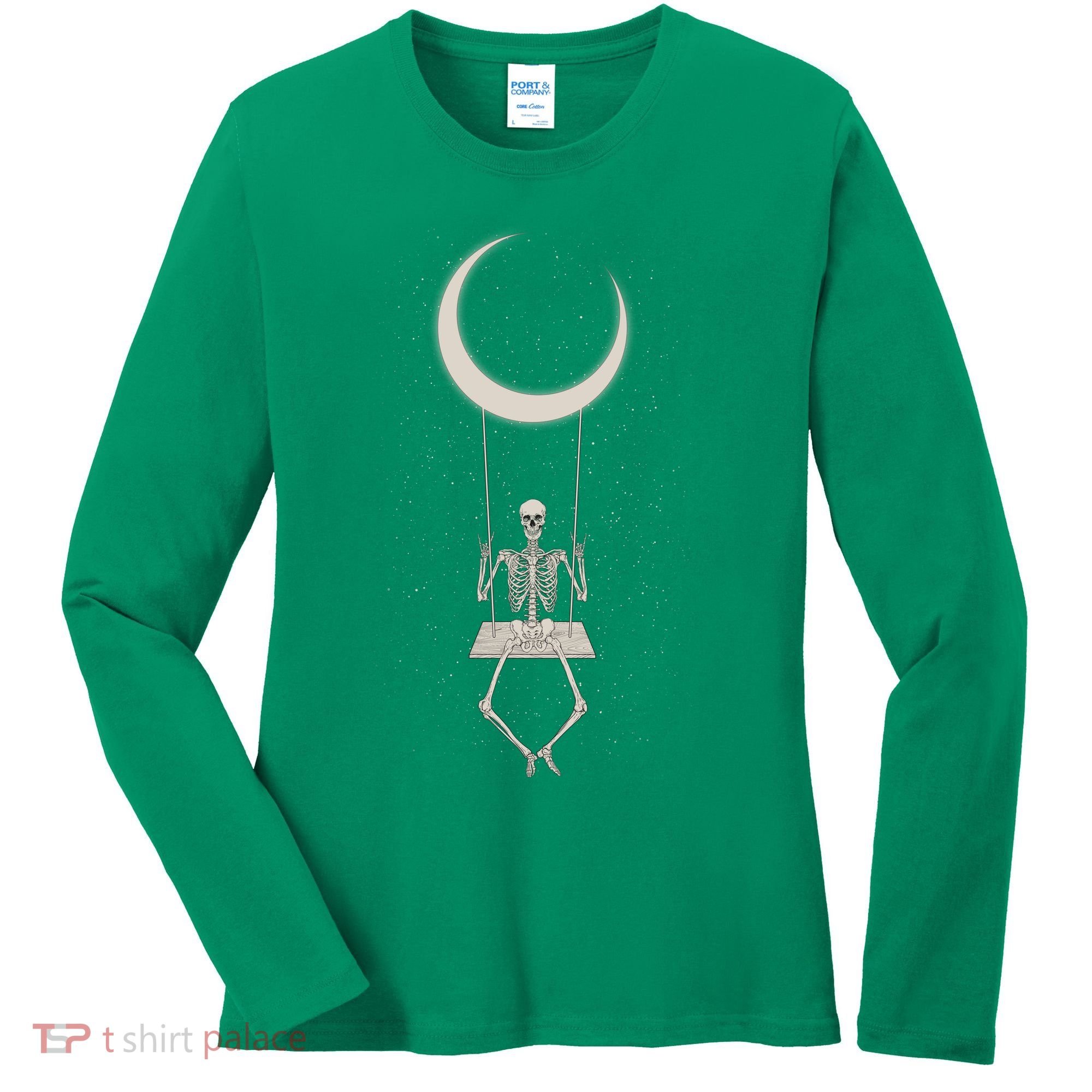 Cool Funny Halloween Skeleton On A Moon Swing Women's Long Sleeve Shirt