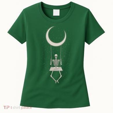 Cool Funny Halloween Skeleton On A Moon Swing Women's T-Shirt