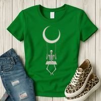 Cool Funny Halloween Skeleton On A Moon Swing Women's T-Shirt thumb 3