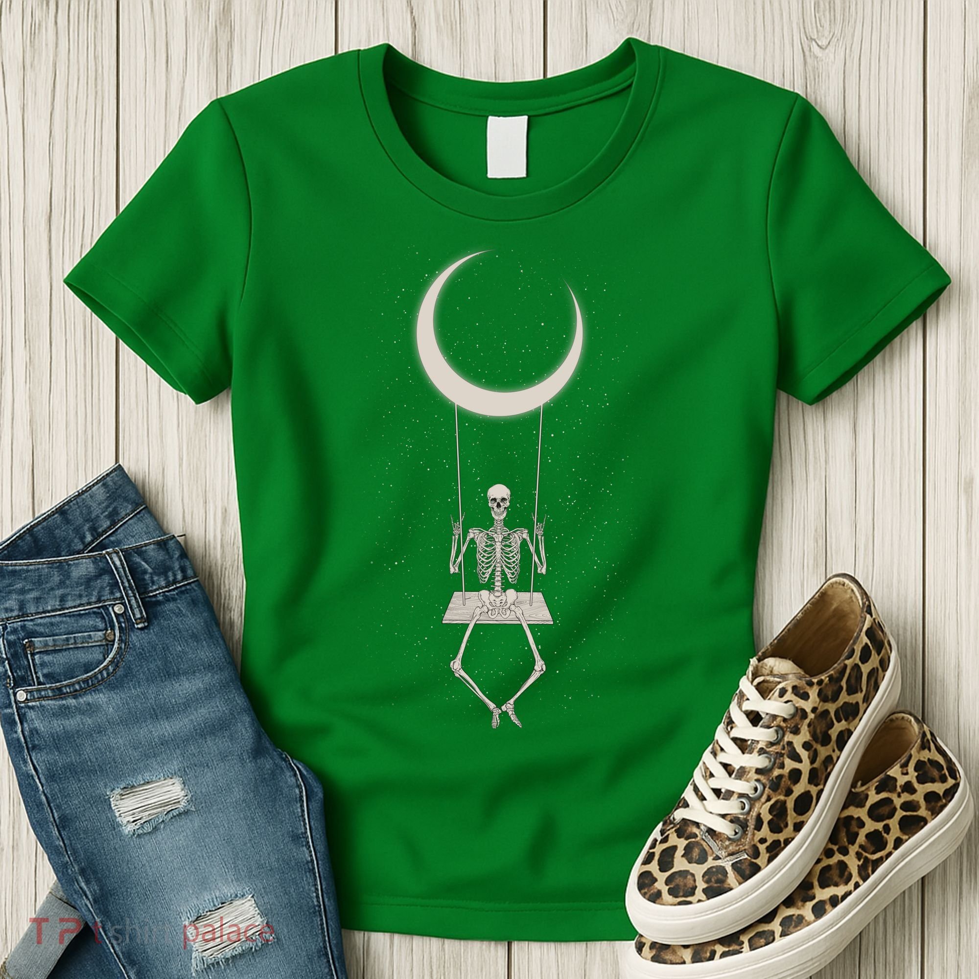 Cool Funny Halloween Skeleton On A Moon Swing Women's T-Shirt