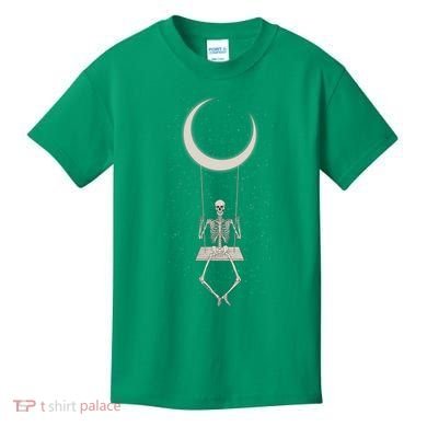 Cool Funny Halloween Skeleton On A Moon Swing Kids T-Shirt