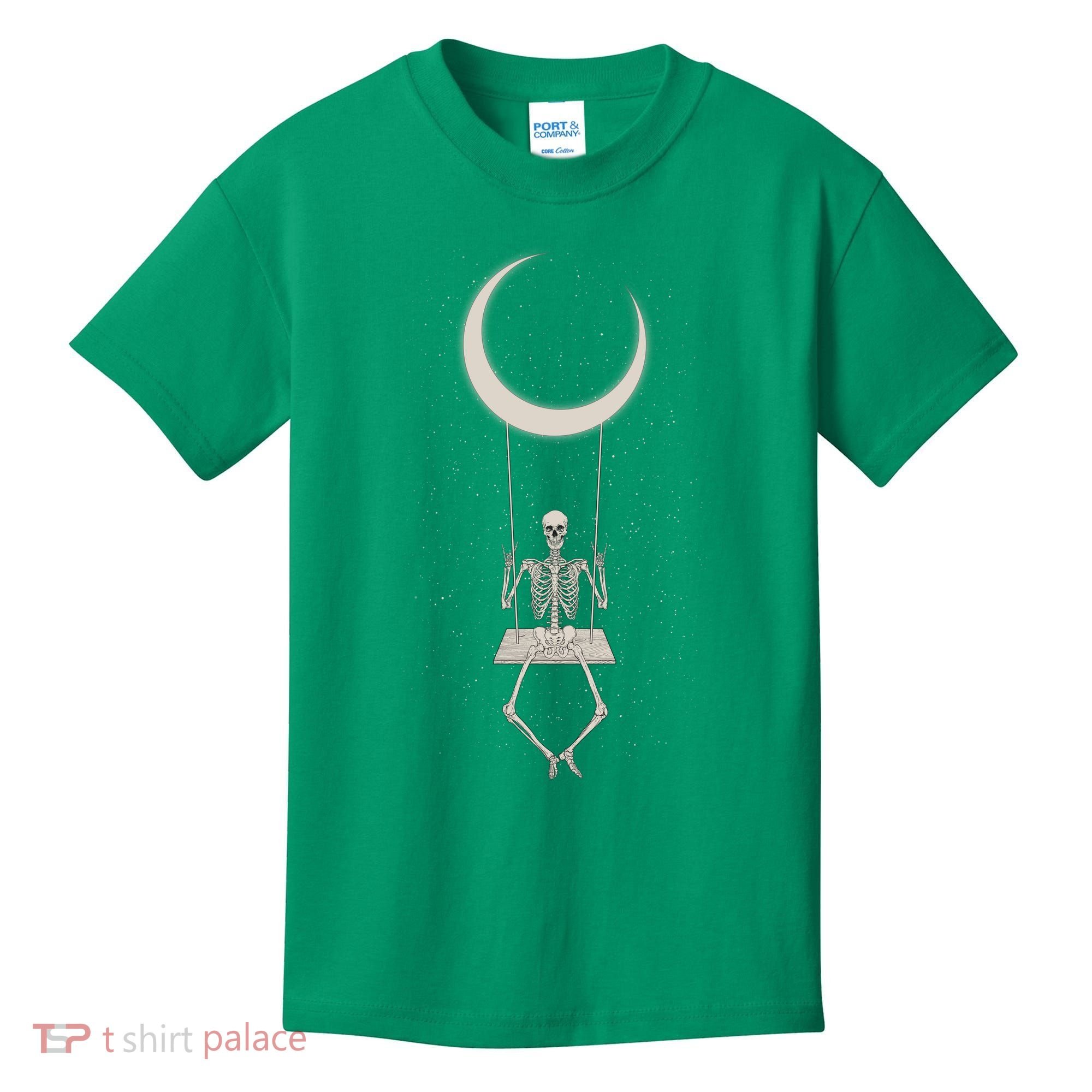 Cool Funny Halloween Skeleton On A Moon Swing Kids T-Shirt
