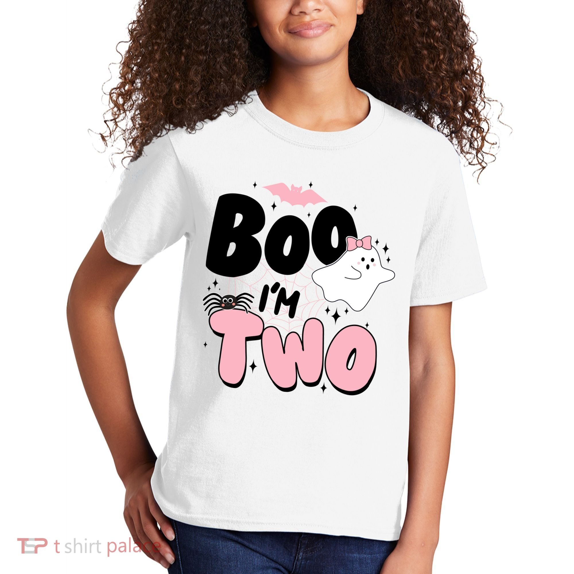 Cute Funny Halloween Boo Im Two Birthday Ghost Girl Kids T-Shirt