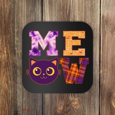 Cute Fall Halloween Cat MEOW Coaster