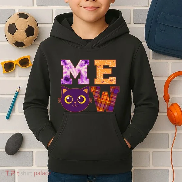 Cute Fall Halloween Cat MEOW Kids Hoodie