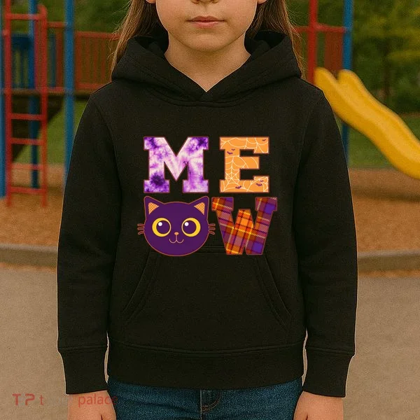 Cute Fall Halloween Cat MEOW Kids Hoodie