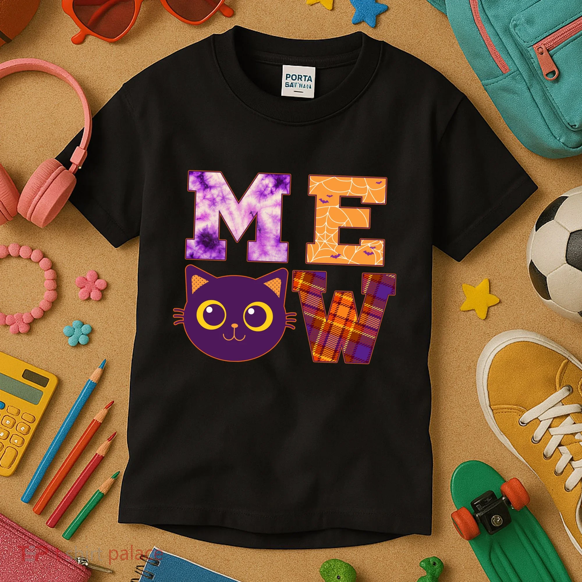 Cute Fall Halloween Cat MEOW Kids T-Shirt