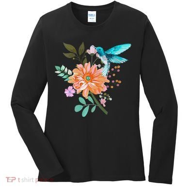 Colorful Flowers Hummingbird Women's Long Sleeve Shirt
